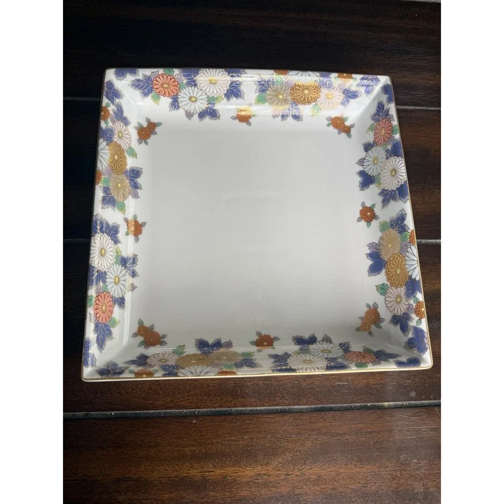 VTG Japanese Imari Style Square Porcelain Plate Floral Chrysanthemum Gold Rim